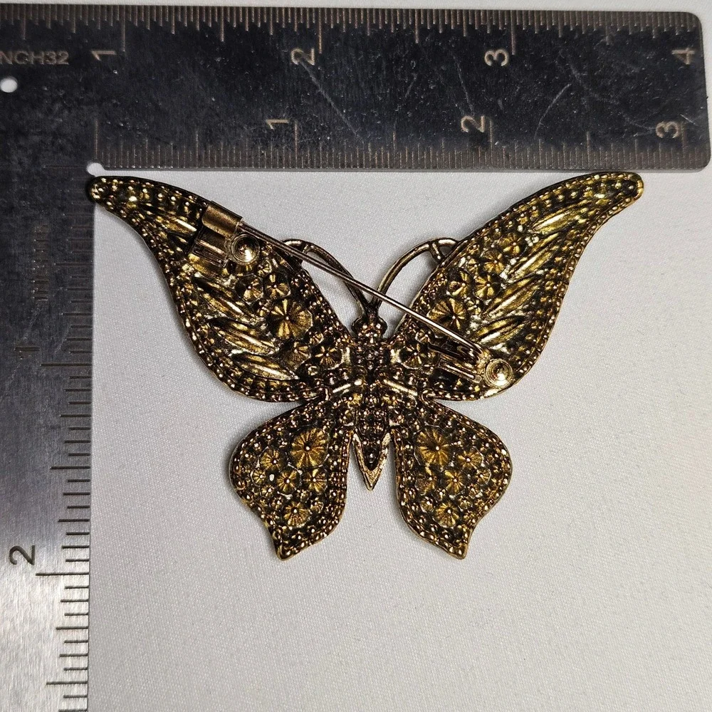 Butterfly Brooch Women OS Blue Teal Rhinestone Antique Gold Tone Pin